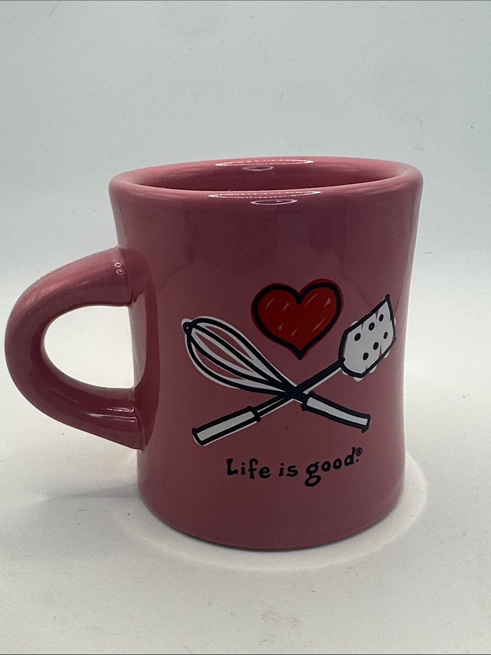 Life Is Good Pink Mug with Heart and Kitchen Tools Graphic